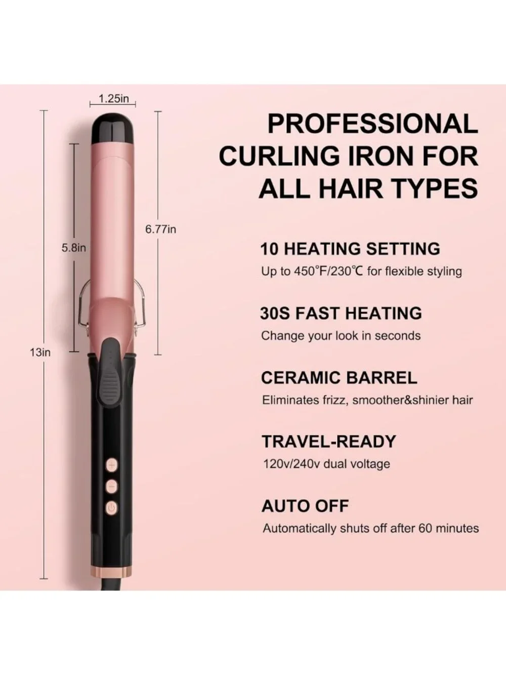 1 1/4-Inch Hair Curling Wand for Loose Curls, Adjustable 190-450℉ Temperature